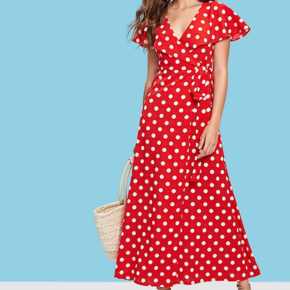 Red Wrap Knot Polka Dot Split Dress